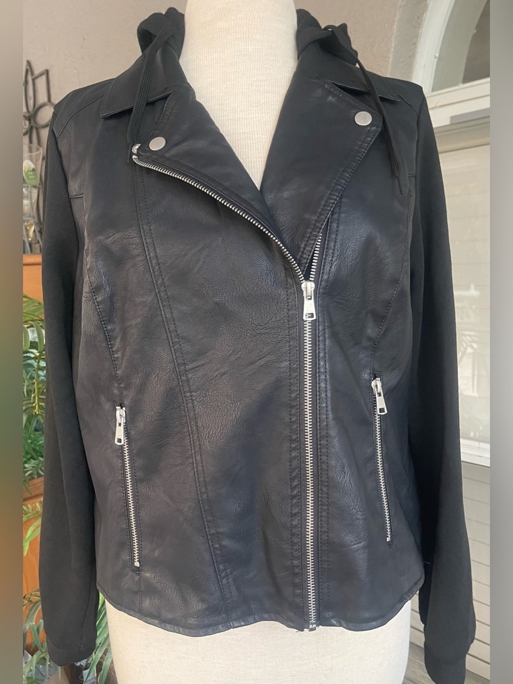 Baccini Black Hooded Asymmetrical Zip Leather Jacket